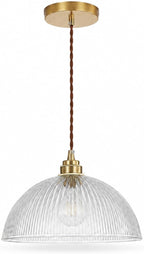 Industrial Ribbed Glass Pendant Light E27 Brass Base