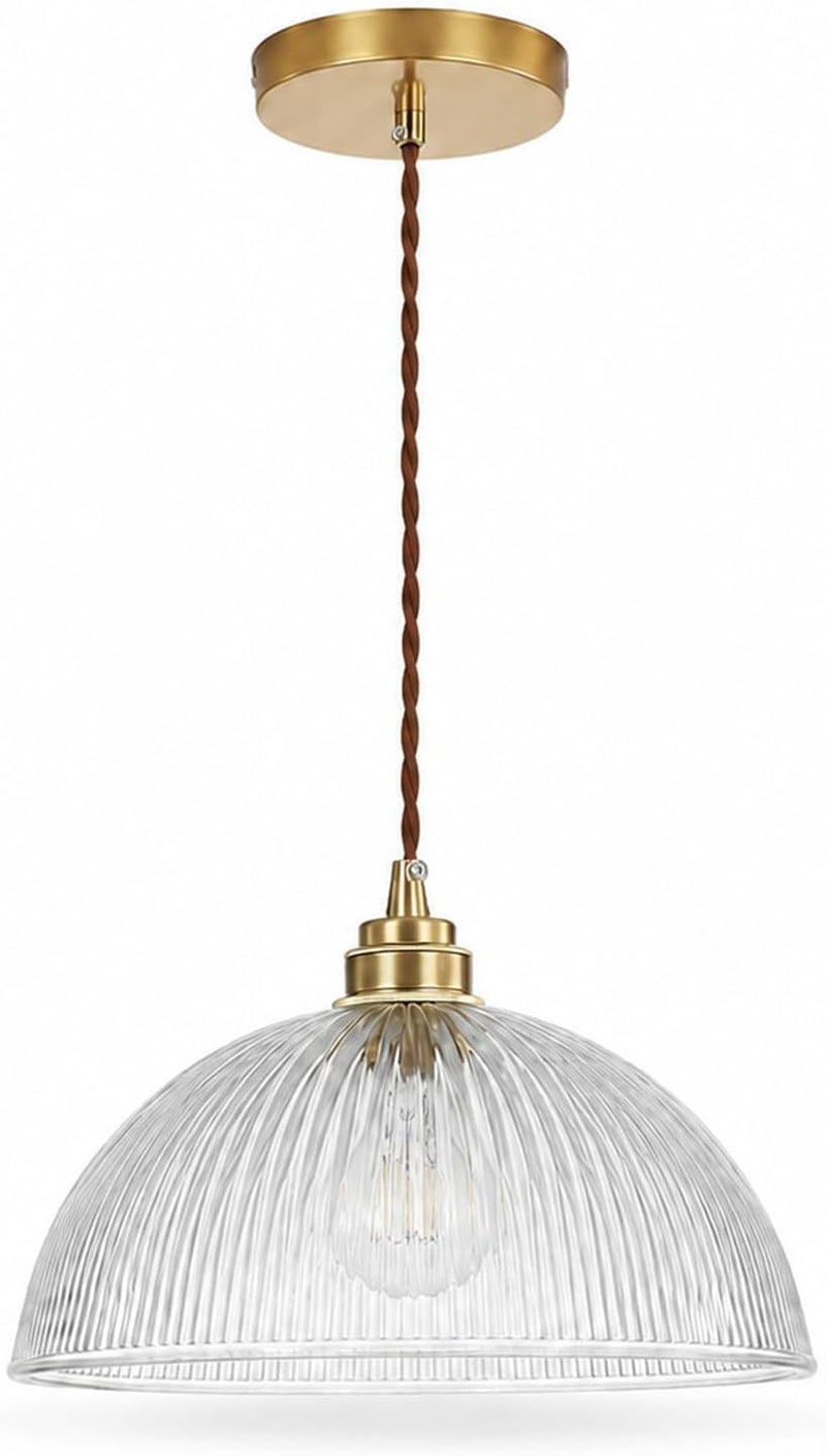 Industrial Ribbed Glass Pendant Light E27 Brass Base