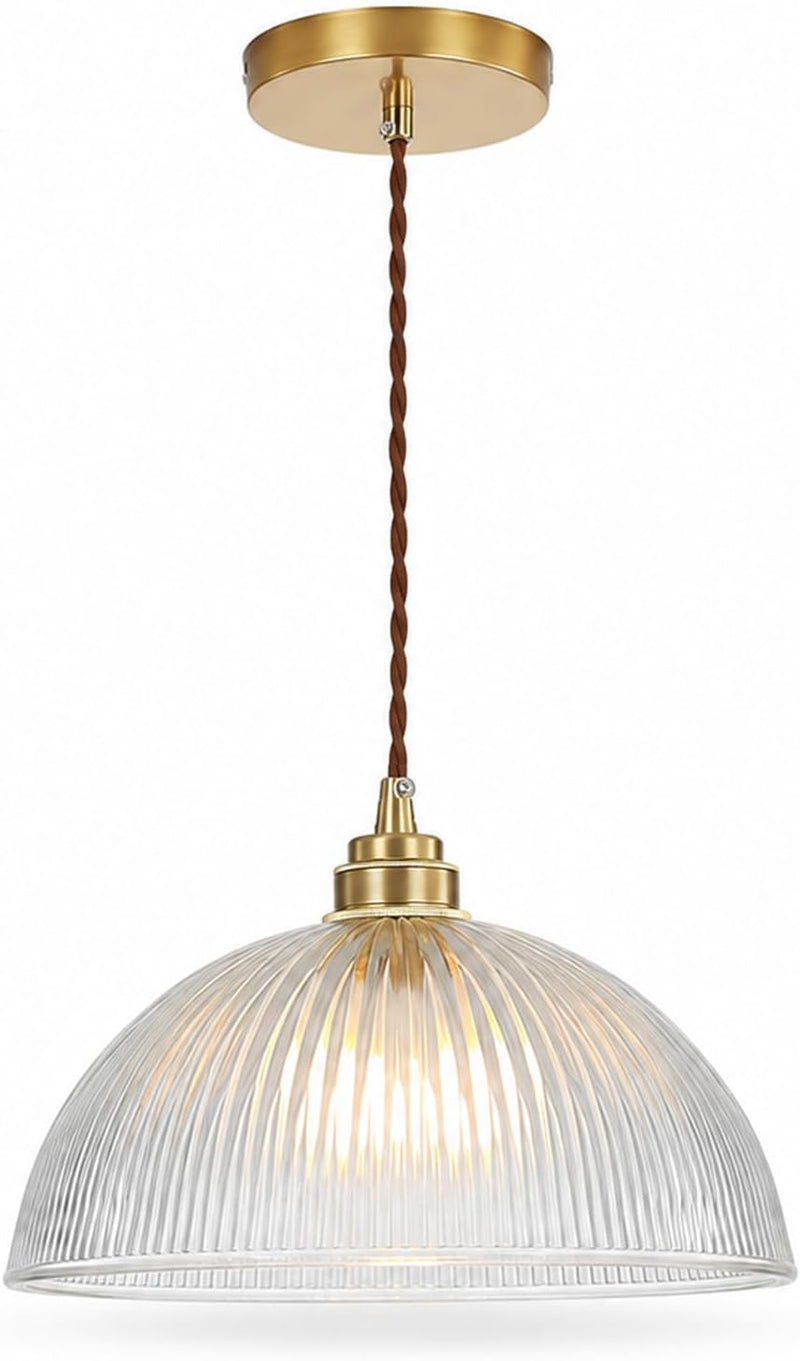 Industrial Ribbed Glass Pendant Light E27 Brass Base