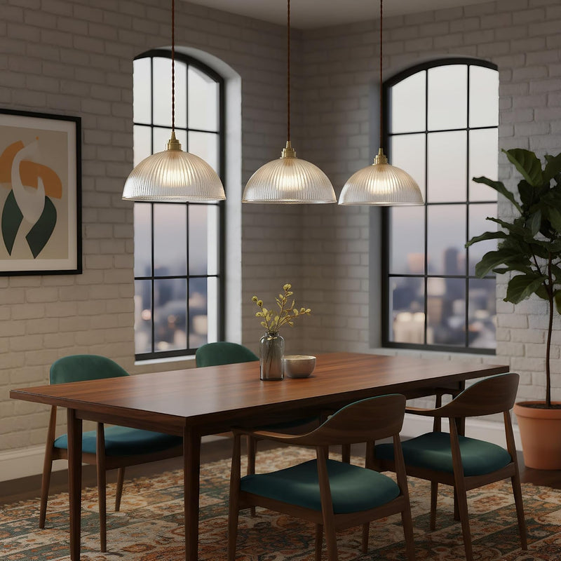 Industrial Ribbed Glass Pendant Light E27 Brass Base
