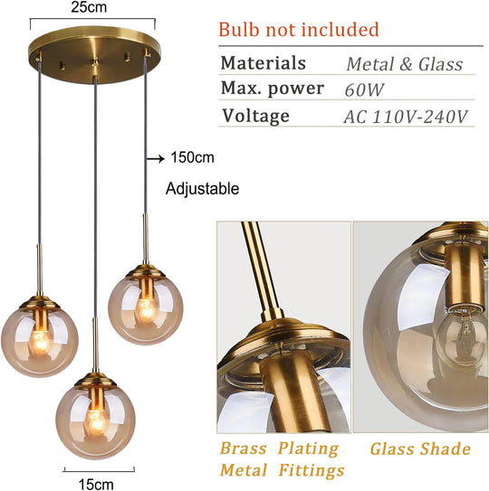 Industrial Vintage 3 Way Pendant Light with Brass