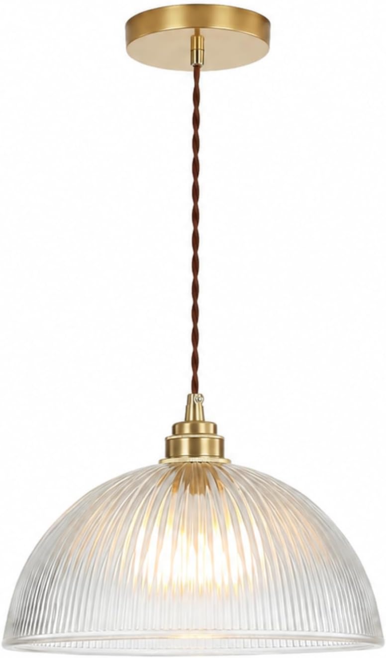 Industrial Ribbed Glass Pendant Light E27 Brass Base
