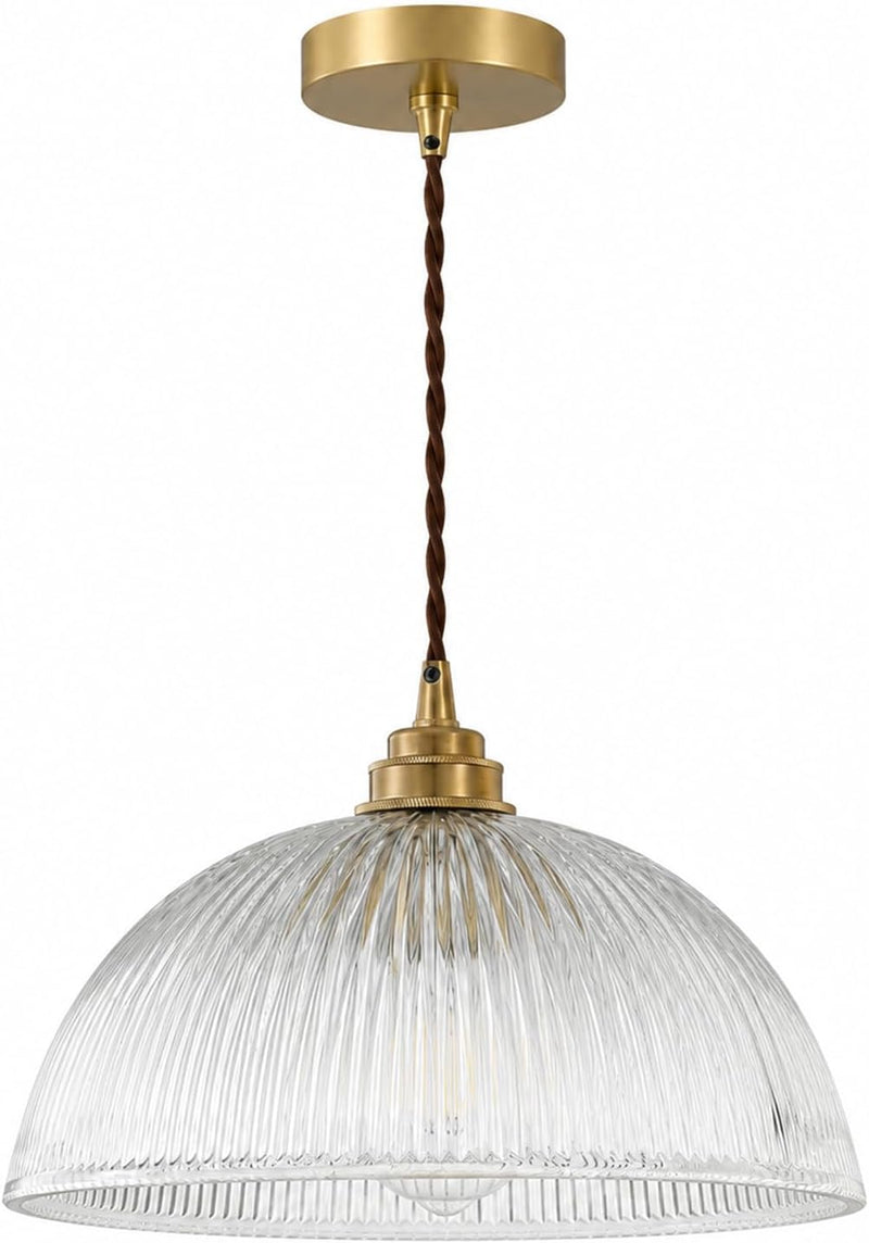 Industrial Ribbed Glass Pendant Light E27 Brass Base