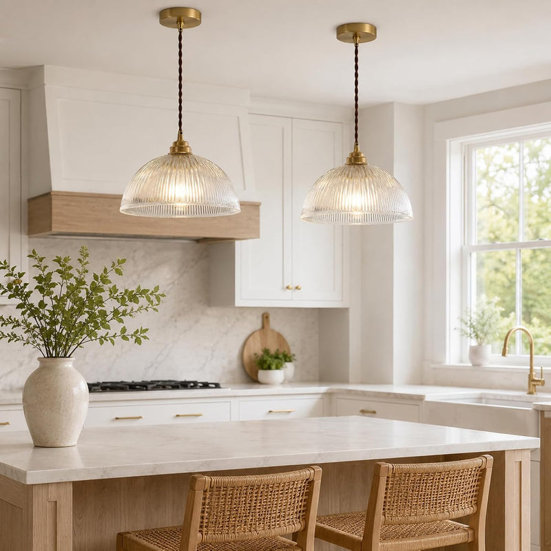 Industrial Ribbed Glass Pendant Light E27 Brass Base