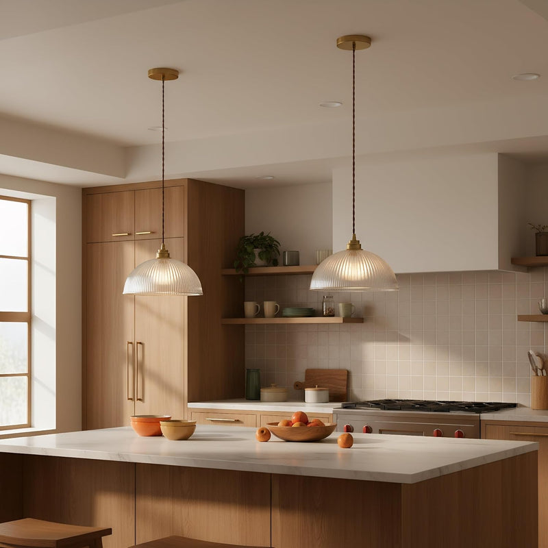Industrial Ribbed Glass Pendant Light E27 Brass Base