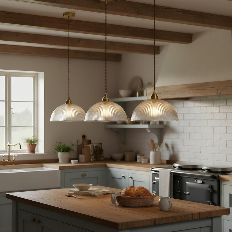 Industrial Ribbed Glass Pendant Light E27 Brass Base