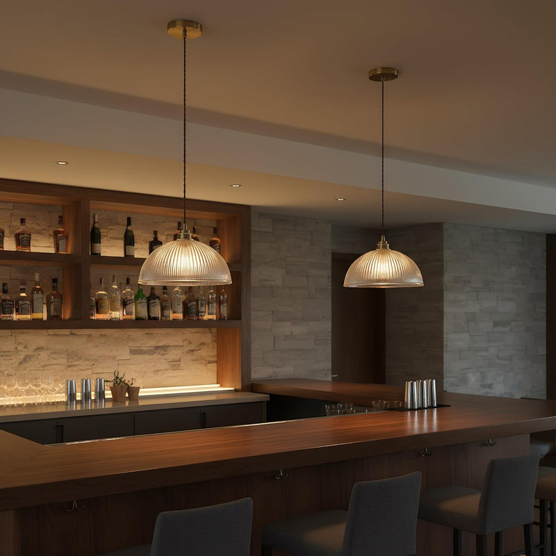 Industrial Ribbed Glass Pendant Light E27 Brass Base
