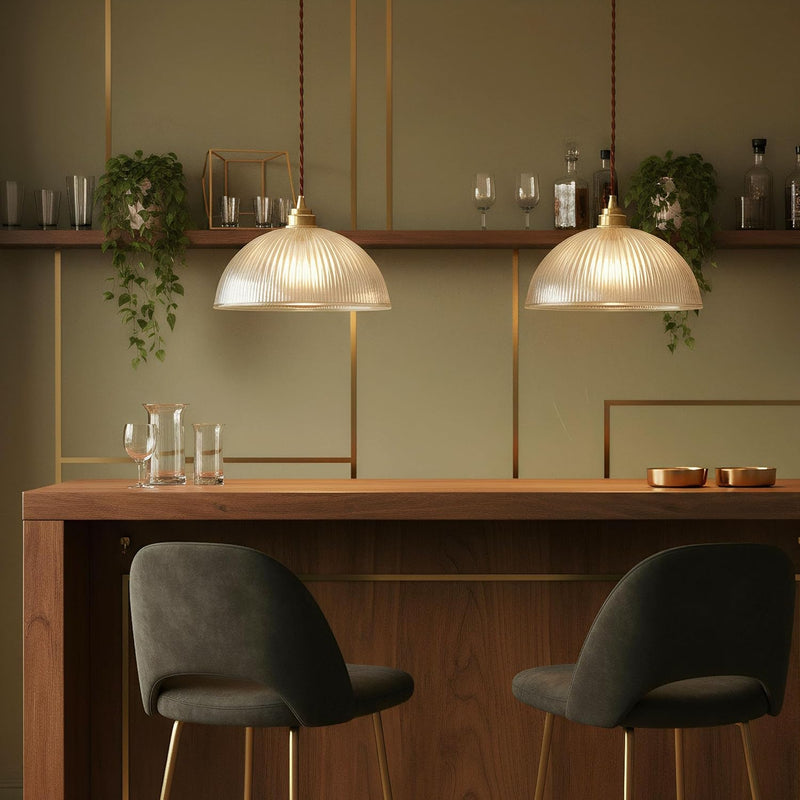 Industrial Ribbed Glass Pendant Light E27 Brass Base