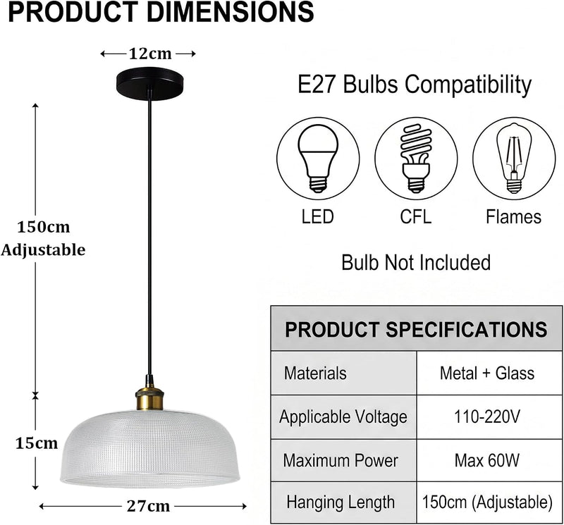 Industrial Vintage Pendant Light with Round Glass Shade