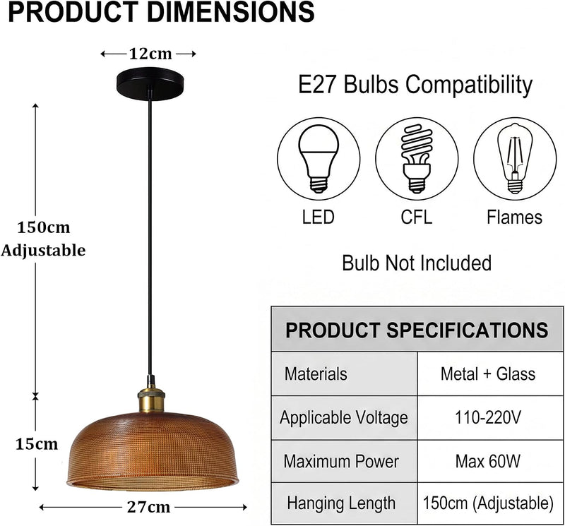 Industrial Vintage Pendant Light with Round Glass Shade