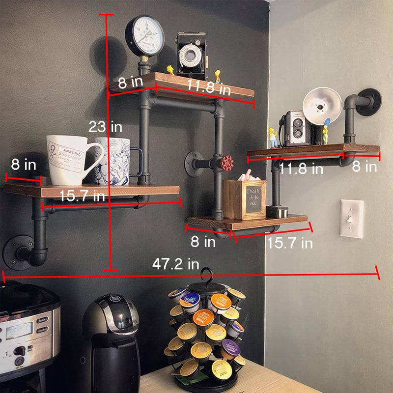 Industrial Vintage Pipe Shelf with Wood Wall Mount