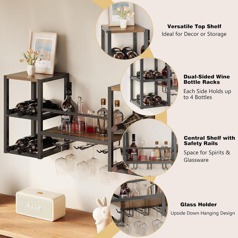 Industrial Wall Mounted Wine Rack with 3 Steam