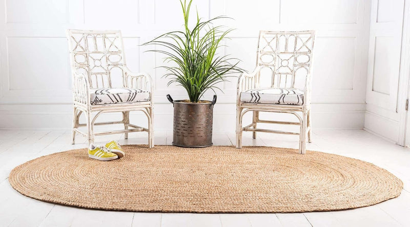 Jute Rug Natural Hand Braided Oval Shape Area