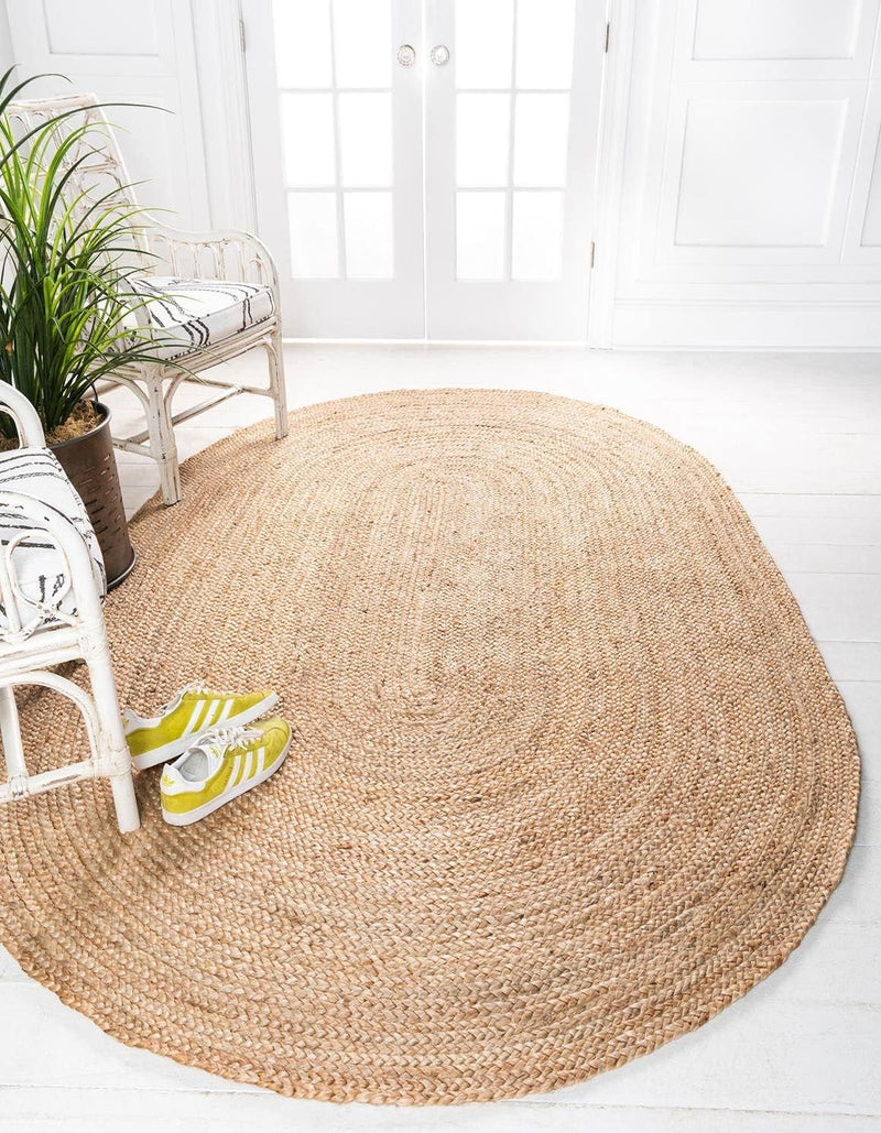 Jute Rug Natural Hand Braided Oval Shape Area