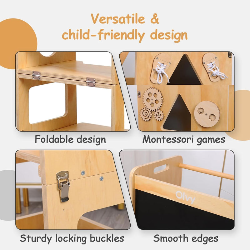Kids 3-In-1 Montessori Learning Tower Foldable Wooden Kitchen