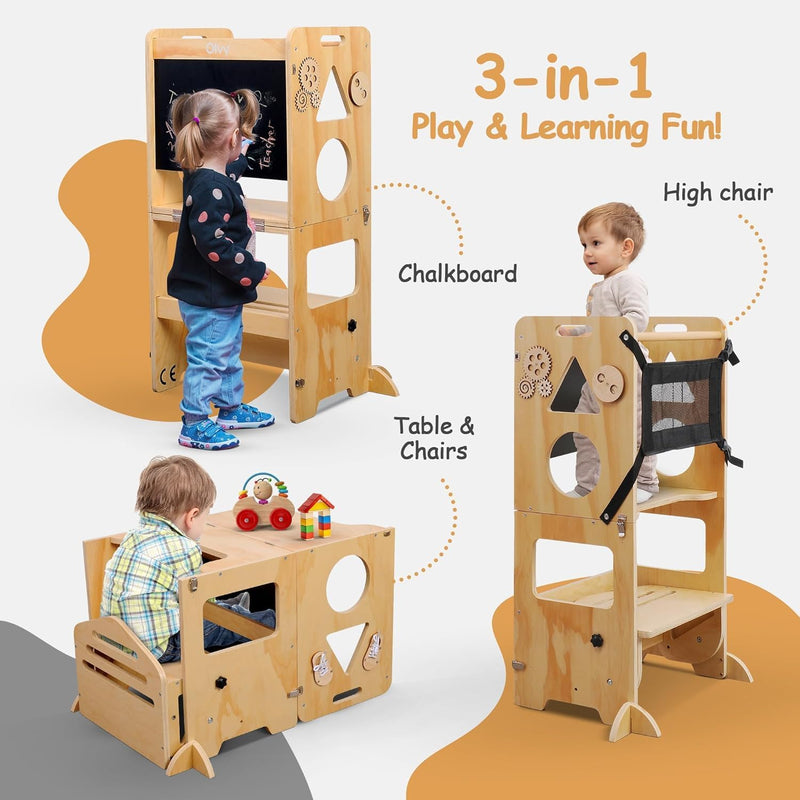 Kids 3-In-1 Montessori Learning Tower Foldable Wooden Kitchen