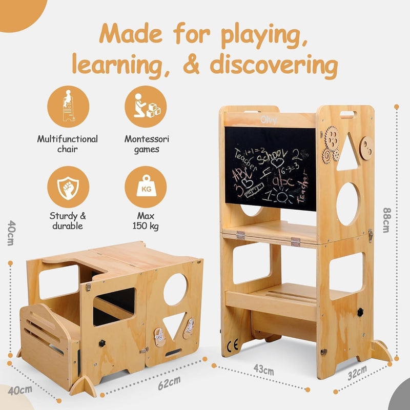 Kids 3-In-1 Montessori Learning Tower Foldable Wooden Kitchen