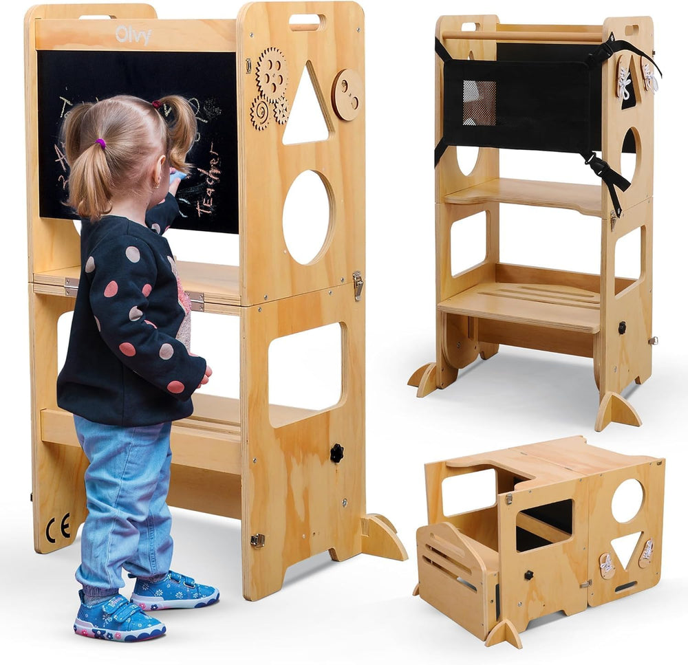 Kids 3-In-1 Montessori Learning Tower Foldable Wooden Kitchen