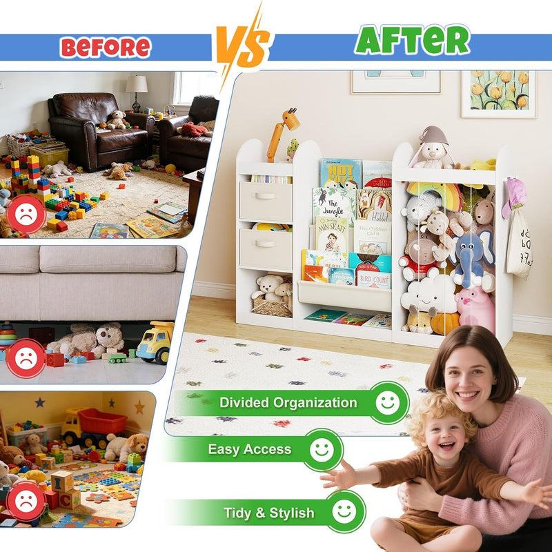 Kids Bookshelf and Toy Storage Organiser with Stuffed