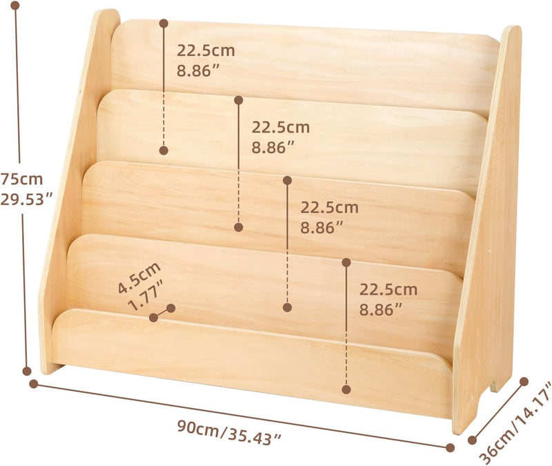 Kids Bookshelf Wooden 4-Tier Front Facing Book Display