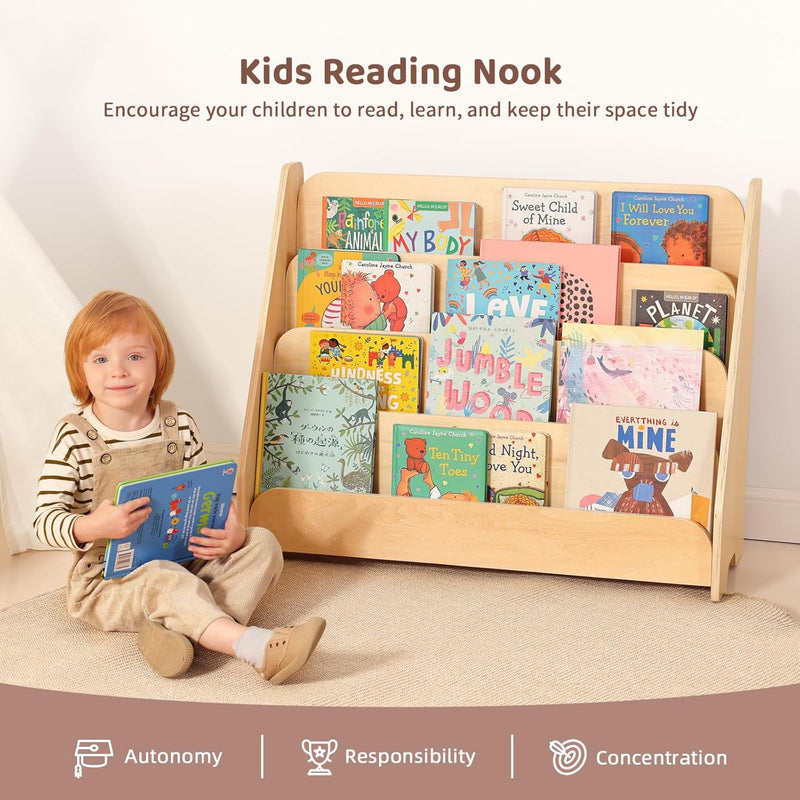Kids Bookshelf Wooden 4-Tier Front Facing Book Display