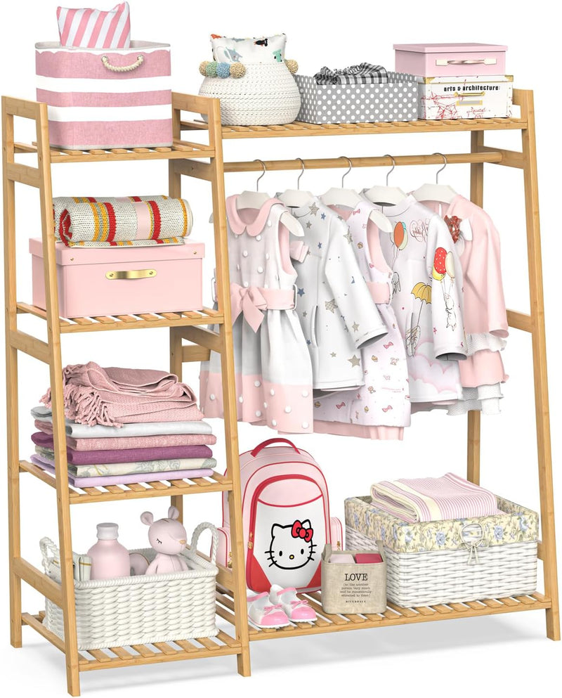 Kids Clothing Rack with Shelves Bamboo Clothes Garment