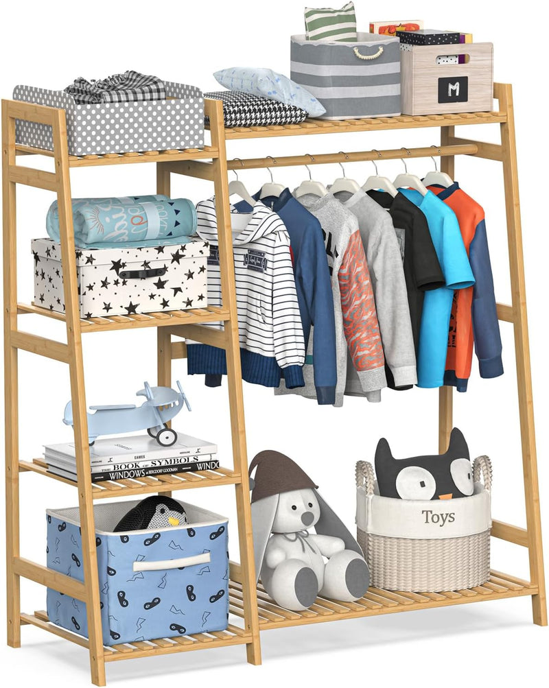Kids Clothing Rack with Shelves Bamboo Clothes Garment