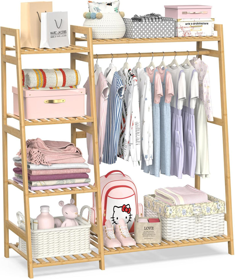 Kids Clothing Rack with Shelves Bamboo Clothes Garment