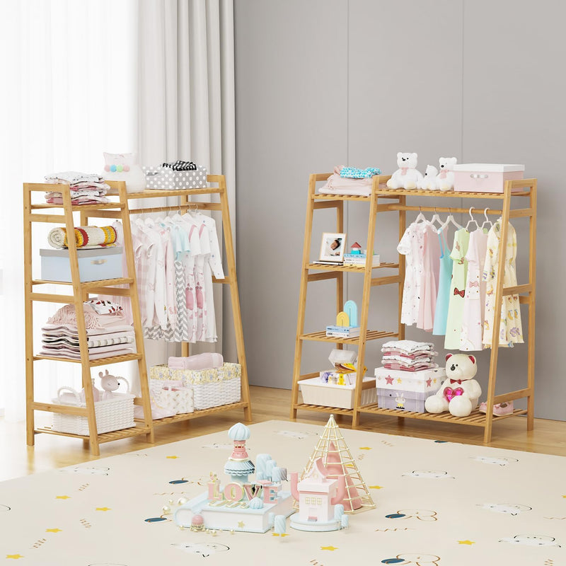 Kids Clothing Rack with Shelves Bamboo Clothes Garment