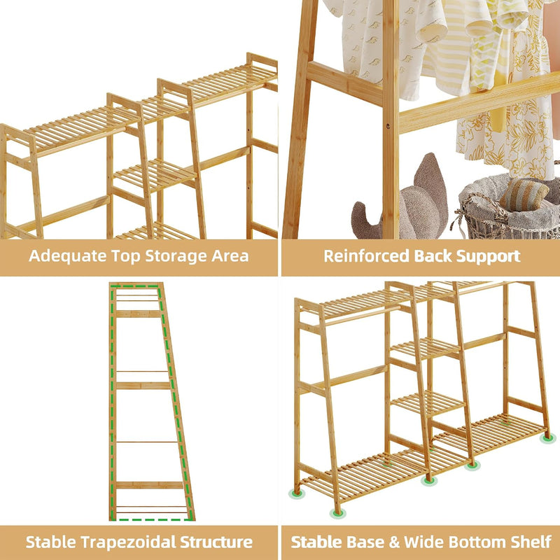 Kids Clothing Rack with Shelves Bamboo Clothes Garment
