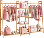 Kids Clothing Rack with Shelves Bamboo Clothes Garment