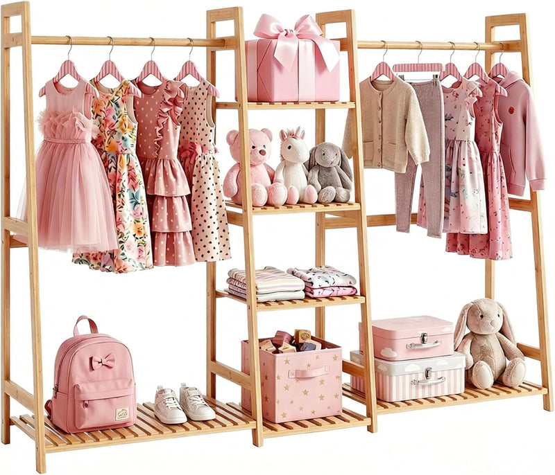 Kids Clothing Rack with Shelves Bamboo Clothes Garment