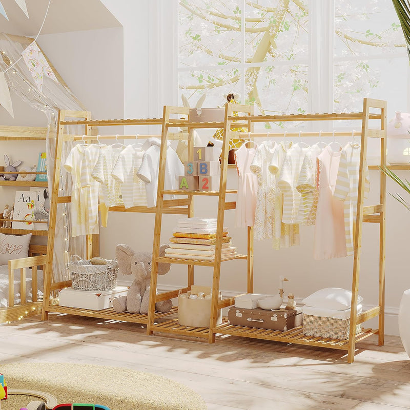 Kids Clothing Rack with Shelves Bamboo Clothes Garment