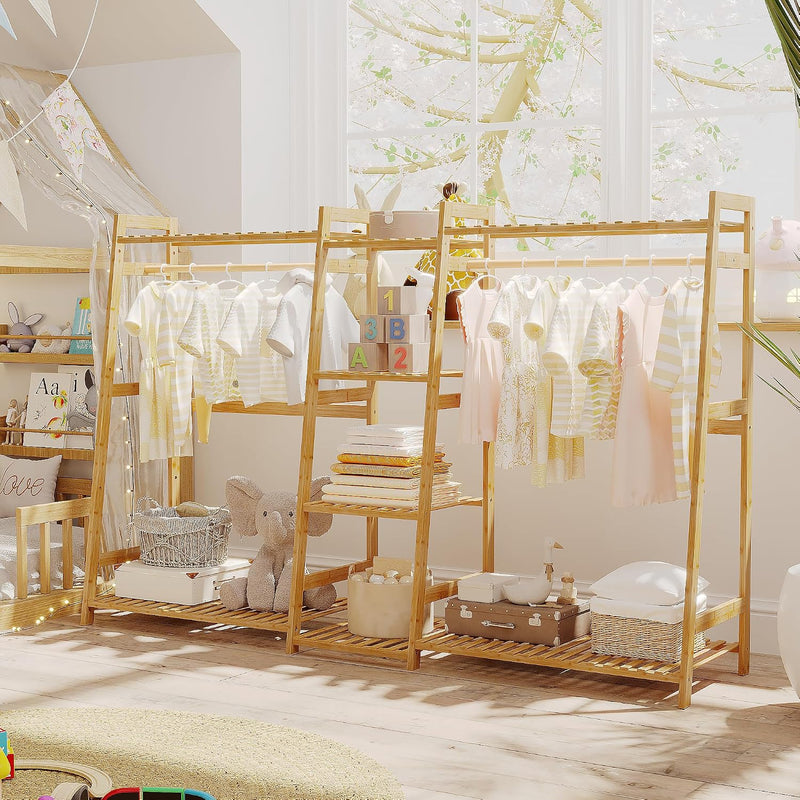 Kids Clothing Rack with Shelves Bamboo Clothes Garment
