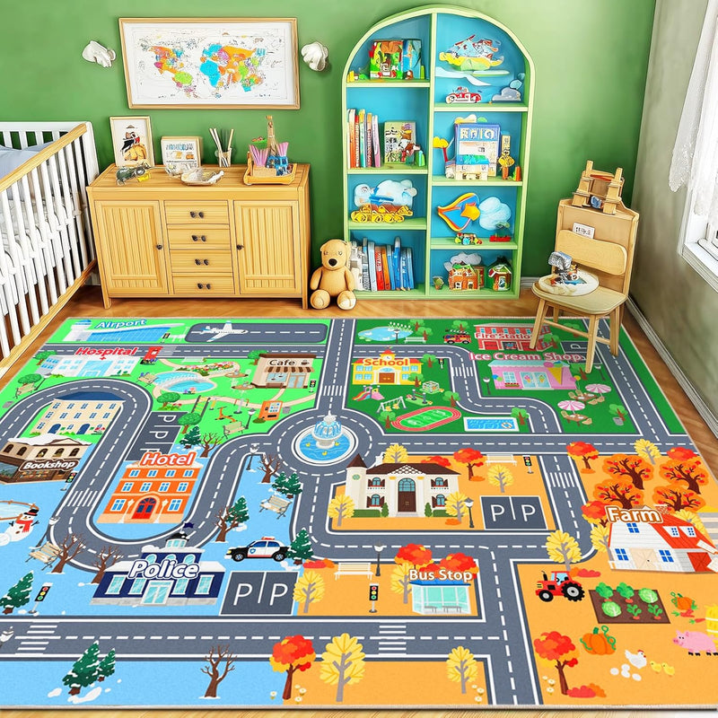 Washable Kids Rug for Playroom City Life- Road