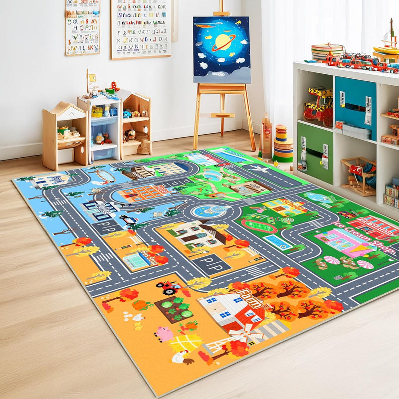 Washable Kids Rug for Playroom City Life- Road