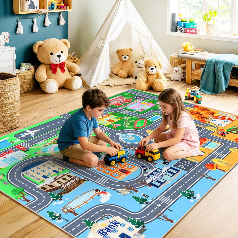 Washable Kids Rug for Playroom City Life- Road