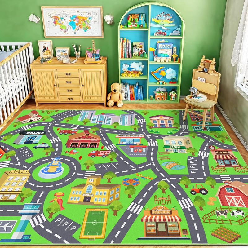 Washable Kids Rug for Playroom City Life- Road