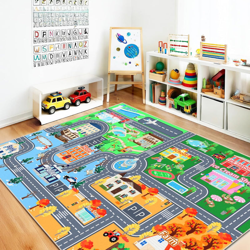 Washable Kids Rug for Playroom City Life- Road