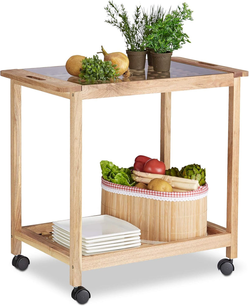 Kitchen Cart with Wheels Wooden Serving Trolley Glass