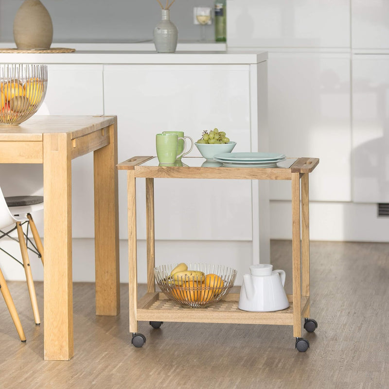 Kitchen Cart with Wheels Wooden Serving Trolley Glass