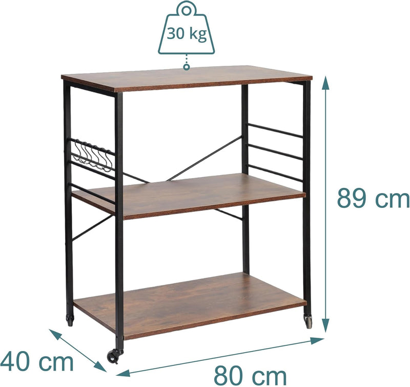 Kitchen Trolley 3 Shelves 6 S-Hooks