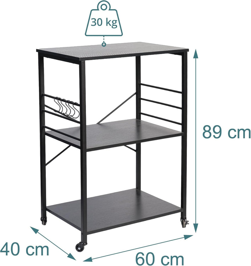 Kitchen Trolley 3 Shelves 6 S-Hooks