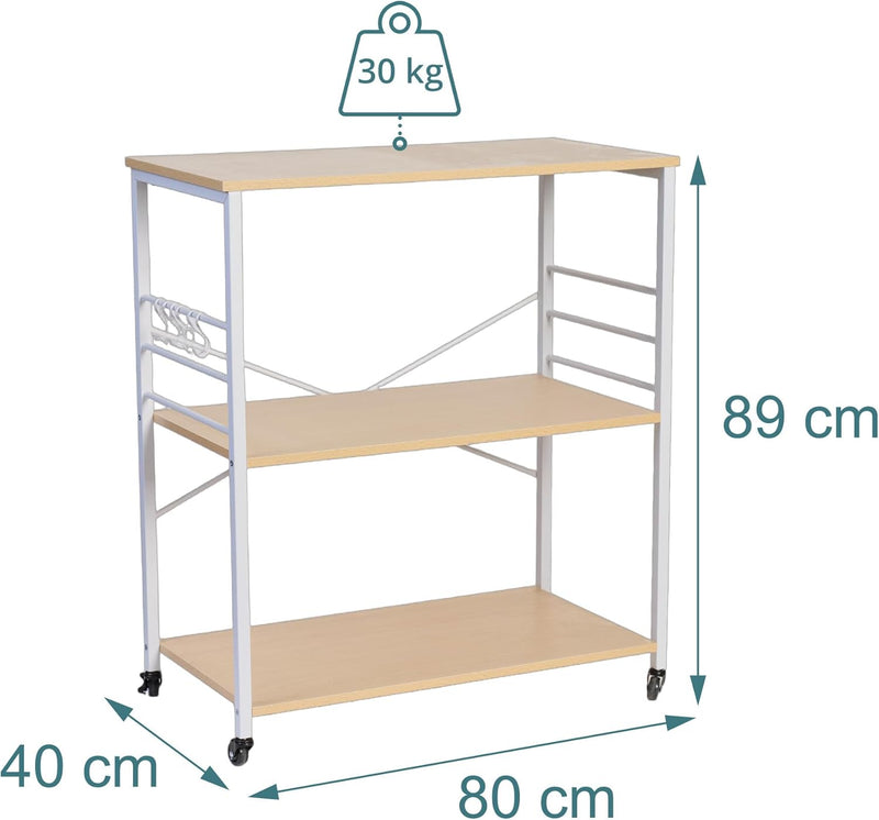Kitchen Trolley 3 Shelves 6 S-Hooks