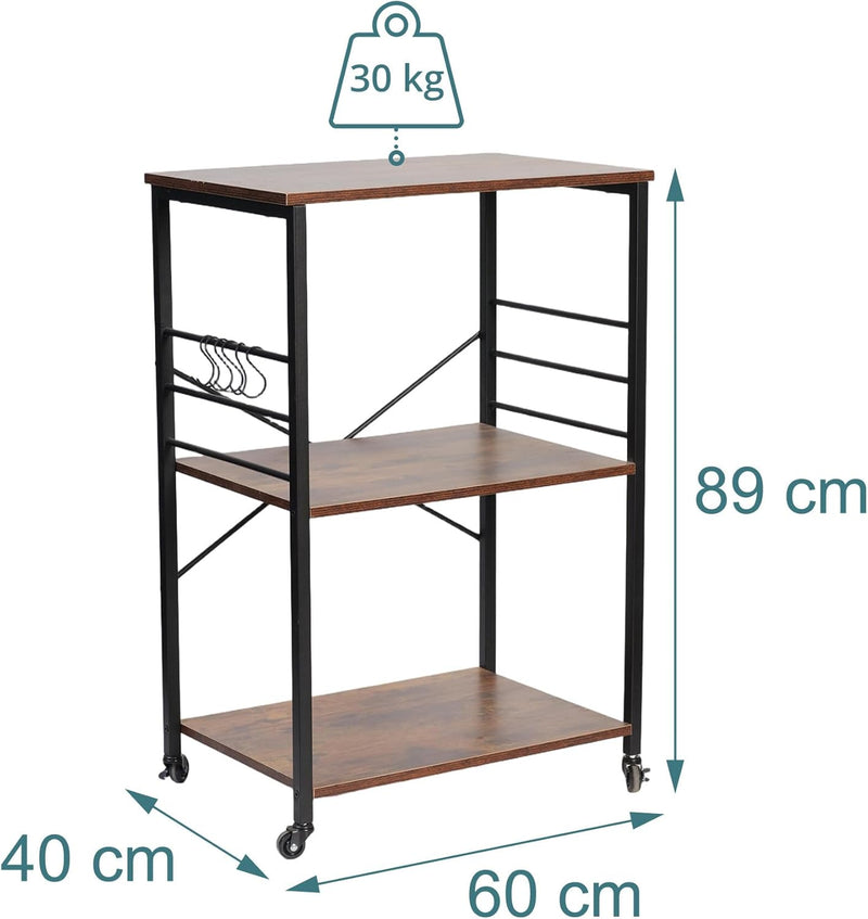 Kitchen Trolley 3 Shelves 6 S-Hooks
