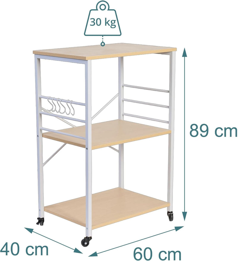 Kitchen Trolley 3 Shelves 6 S-Hooks