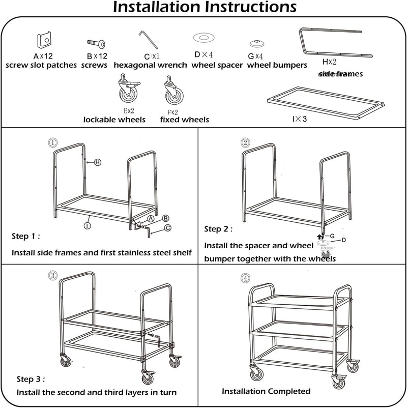 Kitchen Trolley on Wheels 3 Tier Stainless Steel