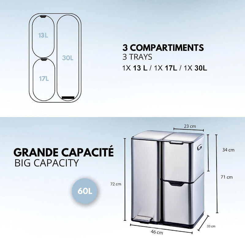 Kitchen Waste Bin with Pedal Recycling 60L Stainless