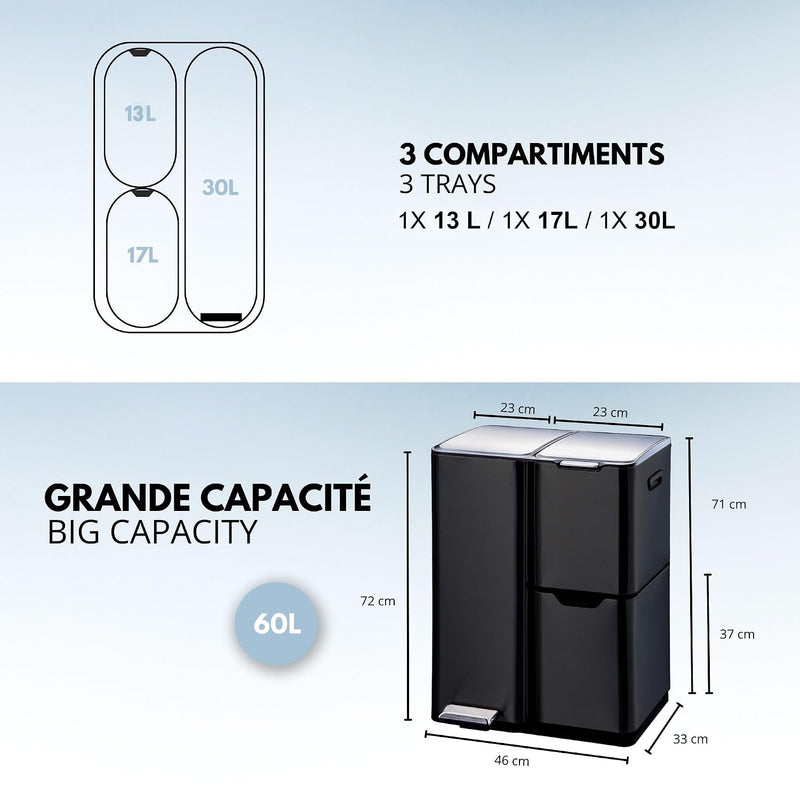 Kitchen Waste Bin with Pedal Recycling 60L Stainless