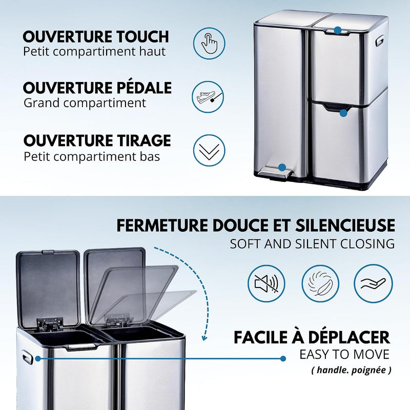 Kitchen Waste Bin with Pedal Recycling 60L Stainless